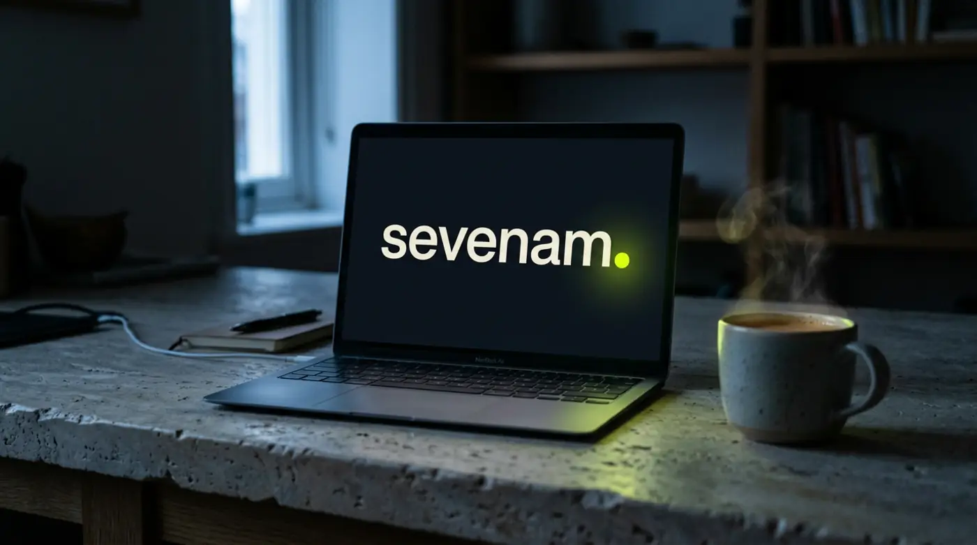 A laptop open on a desk before dawn, the sevenam mark glowing on its screen beside a fresh coffee