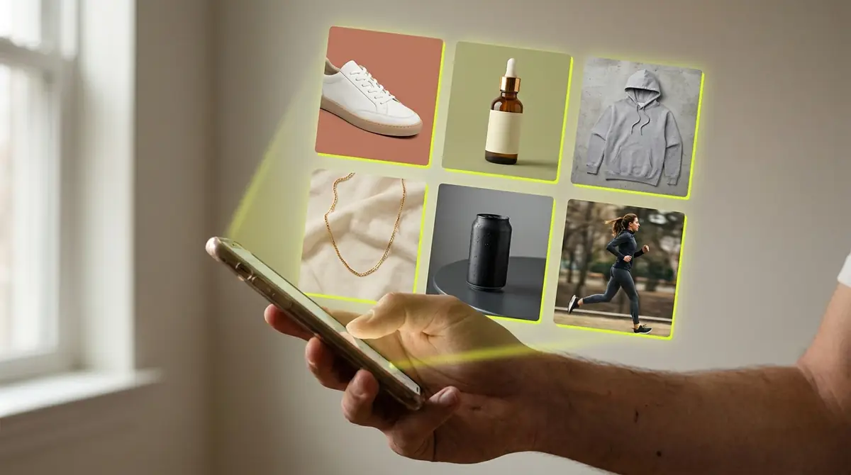 A phone held in morning light, ecommerce ad creatives lifting off the screen